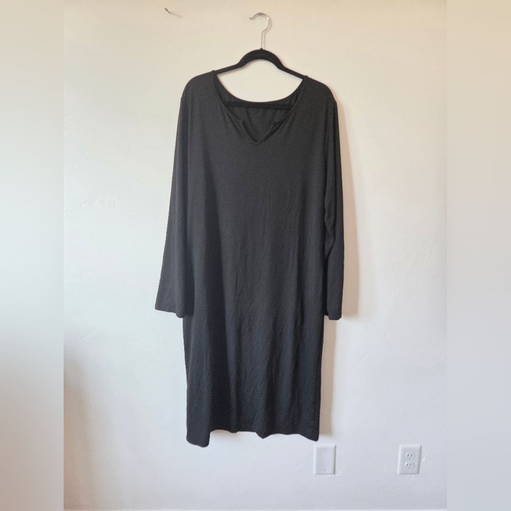 Plus Size 3XL Black Lounge Dress Midi Notched Collar Soft Stretchy Comfy Casual